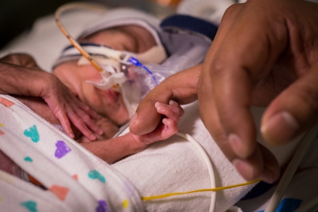 A premature baby holds onto Dad's finger in the NICU.